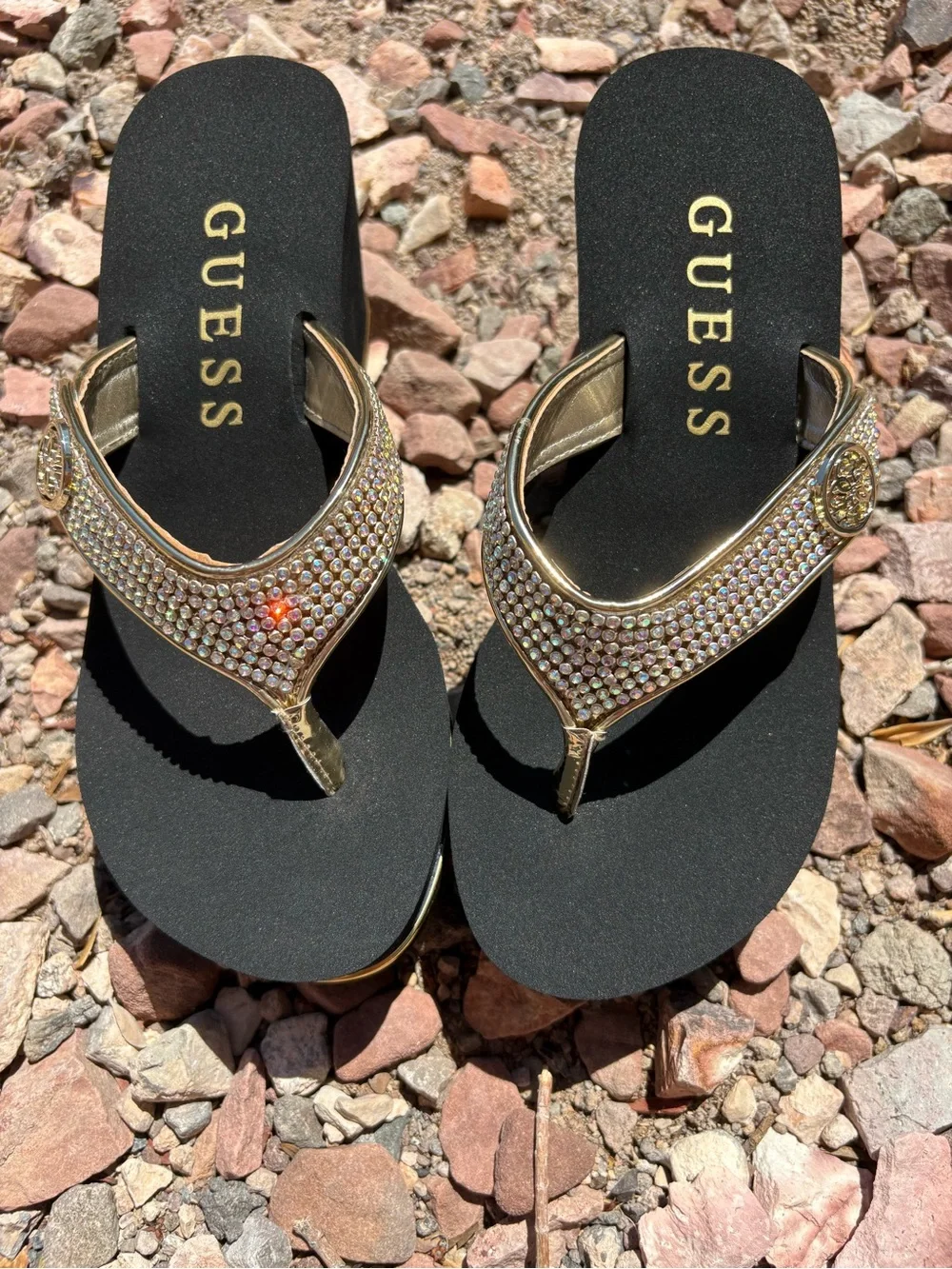 GUESS Sarraly 4 Gold Rhinestone Wedge Sandals Size 8 NIB W Crystal Accents